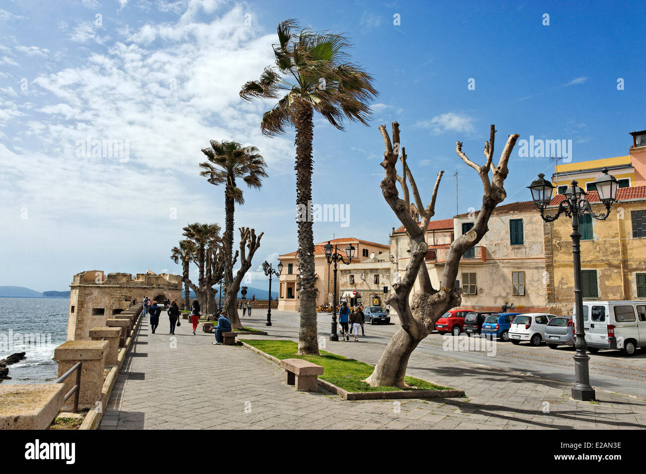 Italy, Sardinia, Sassari Province, Alghero, Marco Polo Defensive Shield, walk on the waterfront beside the old town Stock Photo
