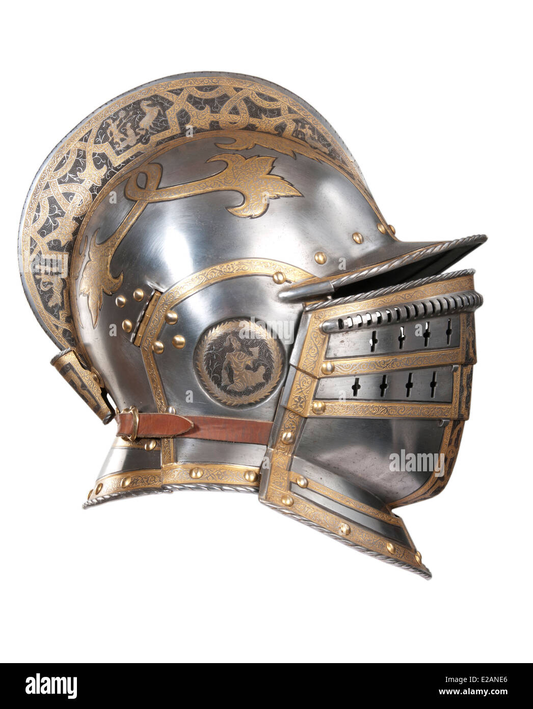 Iron helmet of the medieval knight. Very heavy headdress. Stock Photo