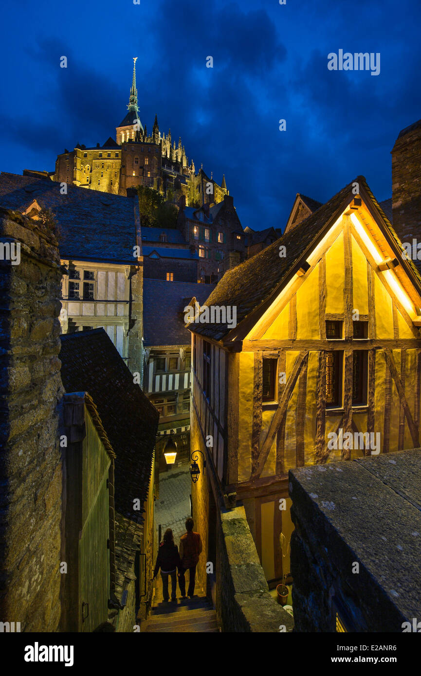 France, Manche, Bay of Mont Saint Michel, listed as World Heritage by UNESCO, Mont Saint Michel, stairs leading to the Grande Stock Photo