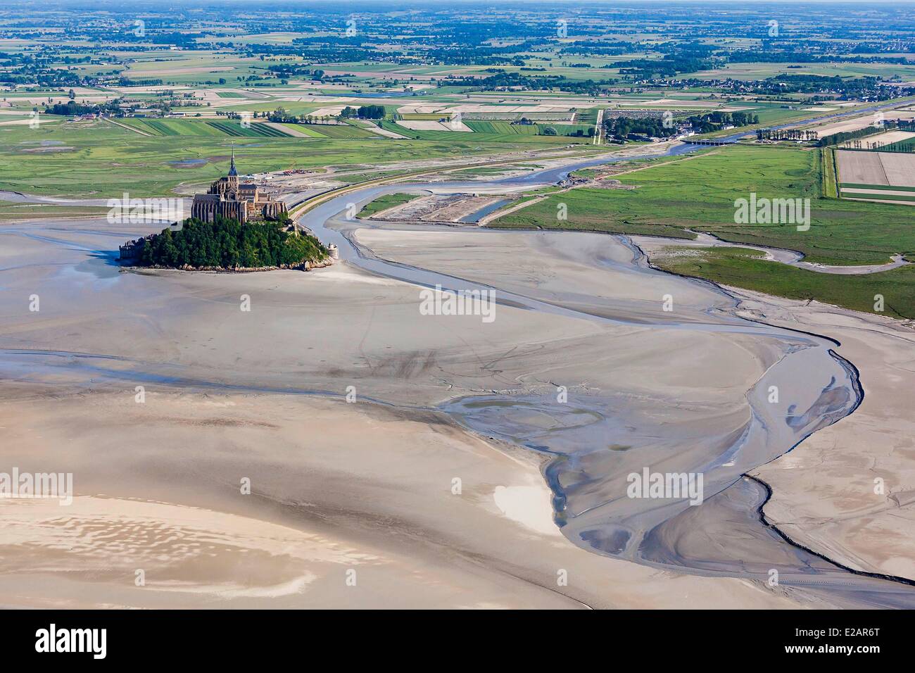 France, Manche, Bay of Mont Saint Michel, listed as World Heritage by UNESCO, Mont Saint Michel (aerial view) Stock Photo