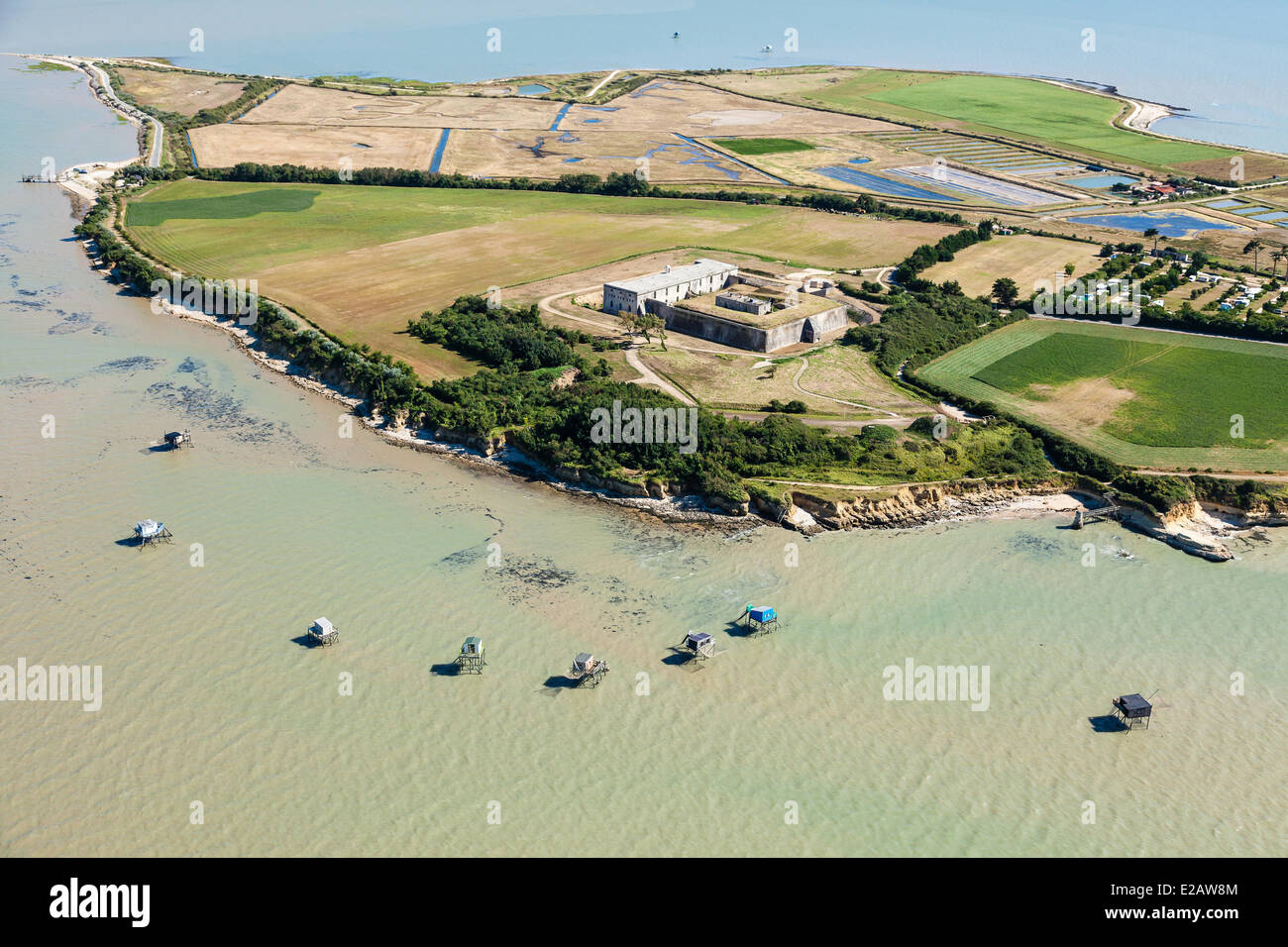 France, Charente Maritime, Port des Barques, Ile Madame, fisheries and the fort (aerial view) Stock Photo