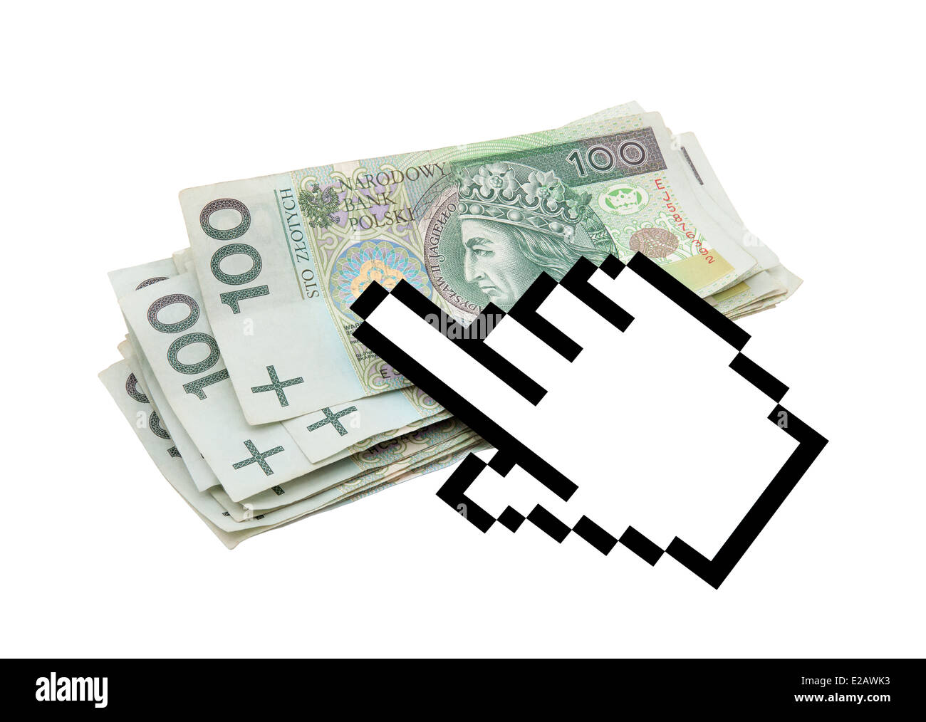 Computer hand cursor with polish money. Clipping path included. Stock Photo