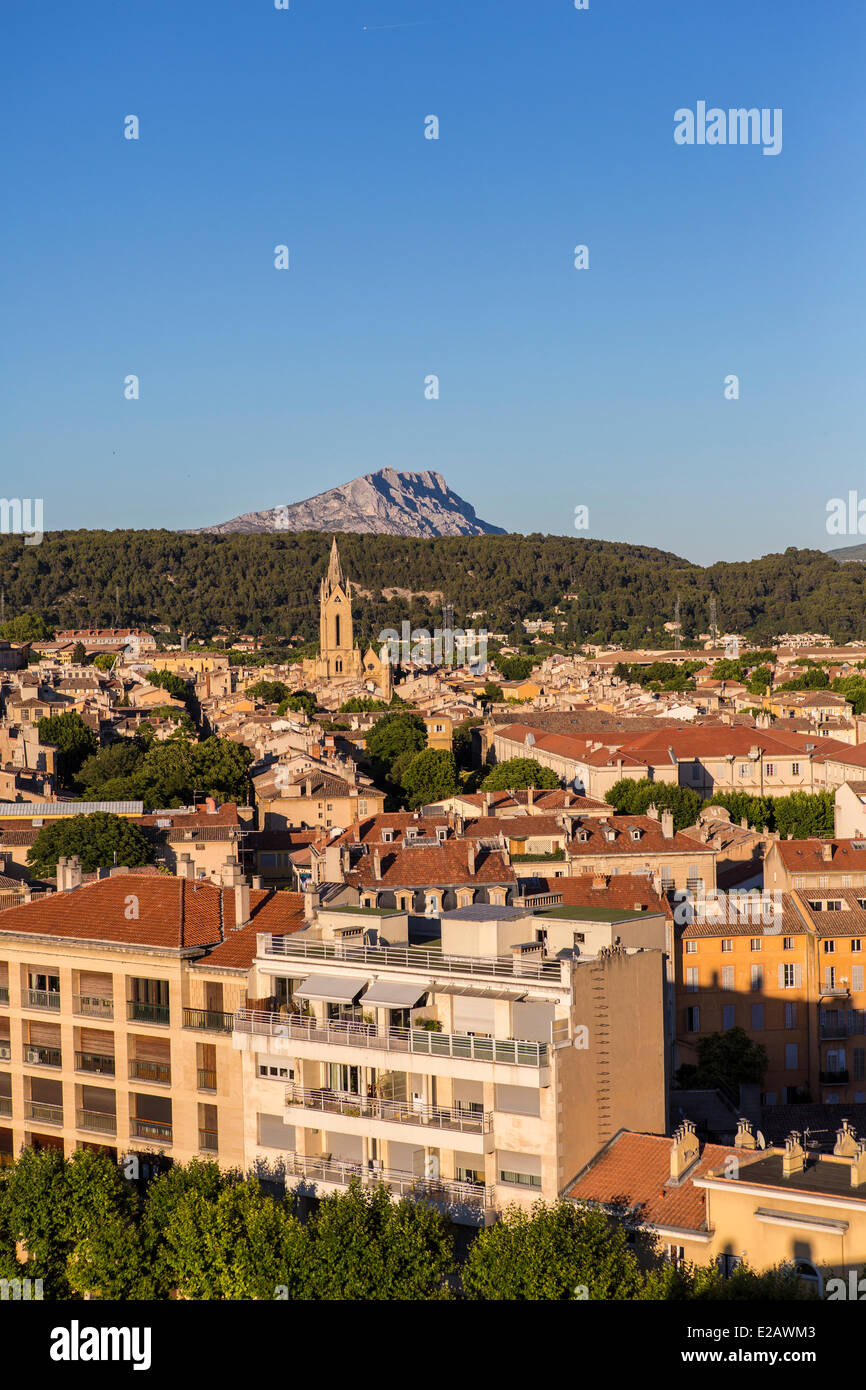 France, Bouches du Rhone, Aix en Provence, Saint Jean de Malte Church and Sainte Victoire mountain Stock Photo