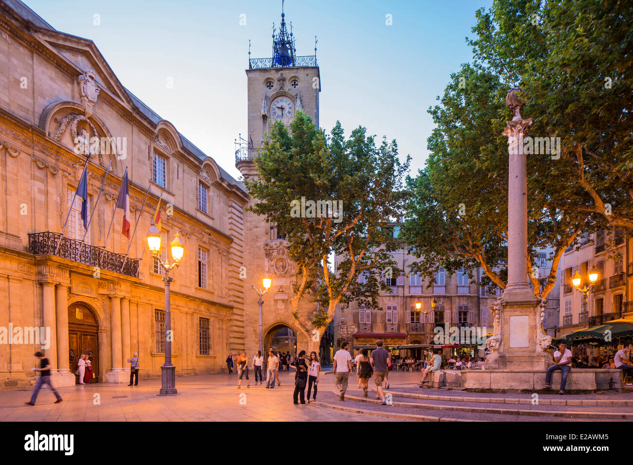 France, Bouches du Rhone, Aix en Provence, Place de l'Hotel de Ville and the bell tower of the Augustins Stock Photo