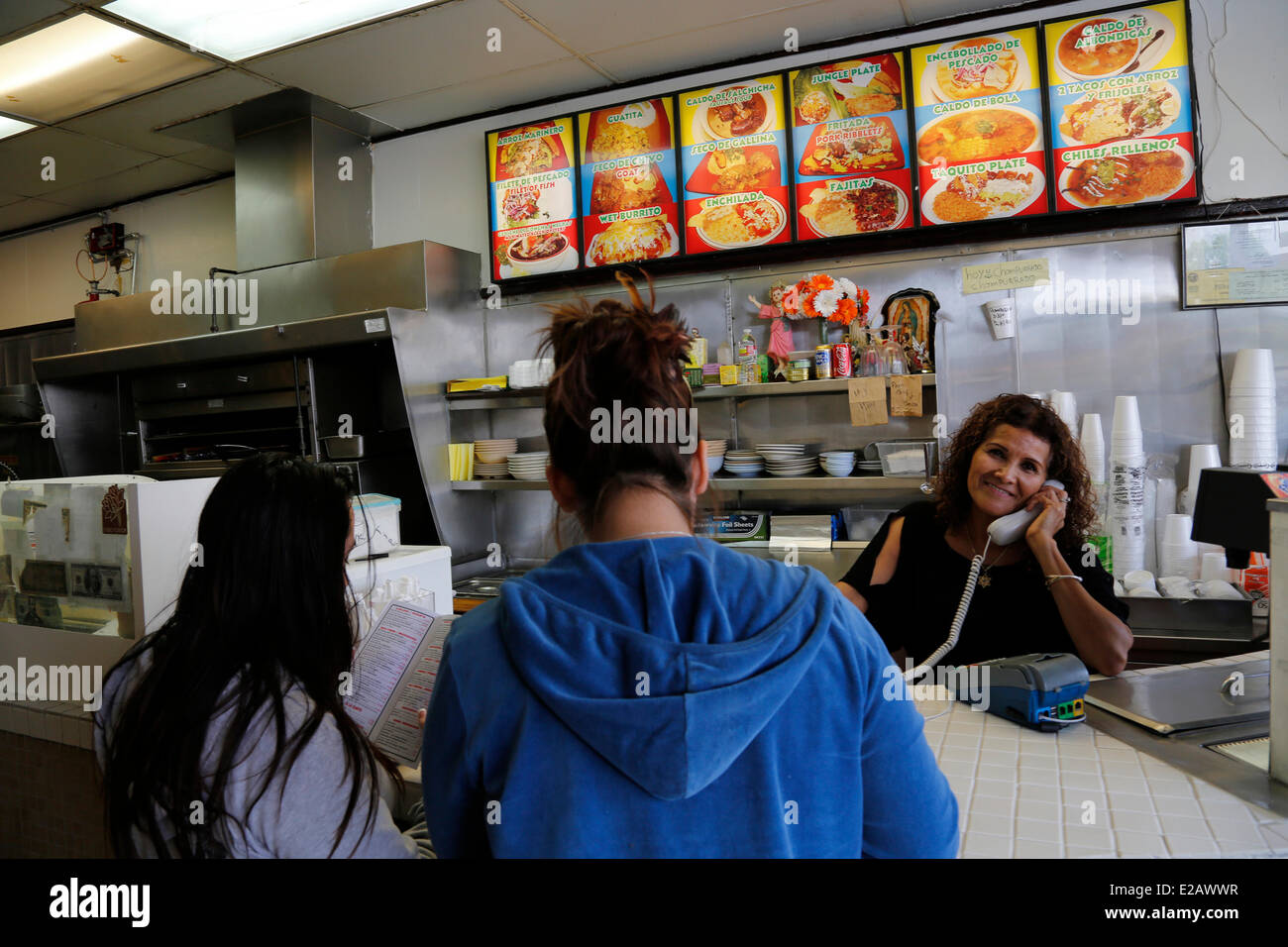 United States, California, Los Angeles, East Hollywood, Los Dos Burritos Mexican and Ecuadorian restaurant near Hollyhock House Stock Photo