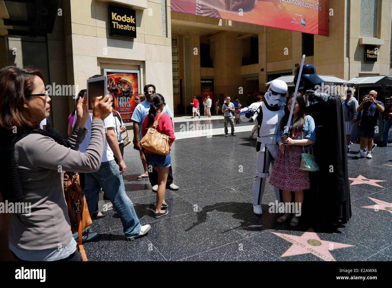 United States, California, Los Angeles, Hollywood Boulevard, tourists on The Hollywood Walk of Fame Stock Photo