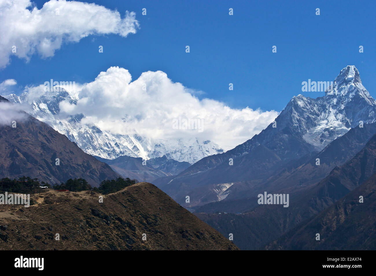 View to Mt Everest, Lhotse and Ama Dablam from the Sagarmatha National Park headquarters above Namche Bazaar, Nepal, Asia Stock Photo
