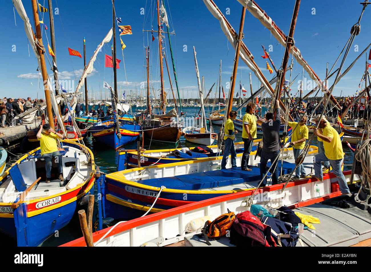 France, Herault, Sete, Quai de la Consigne, gathering of sailboats for the Voiles Latines de Mediterranee Maritime Festival, Stock Photo