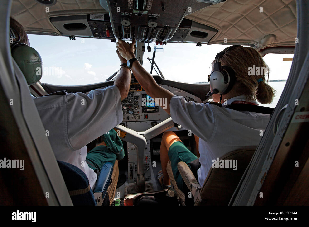 Maldives, seaplane of Maldivian Air Taxi company, pilot during take-off procedure Stock Photo