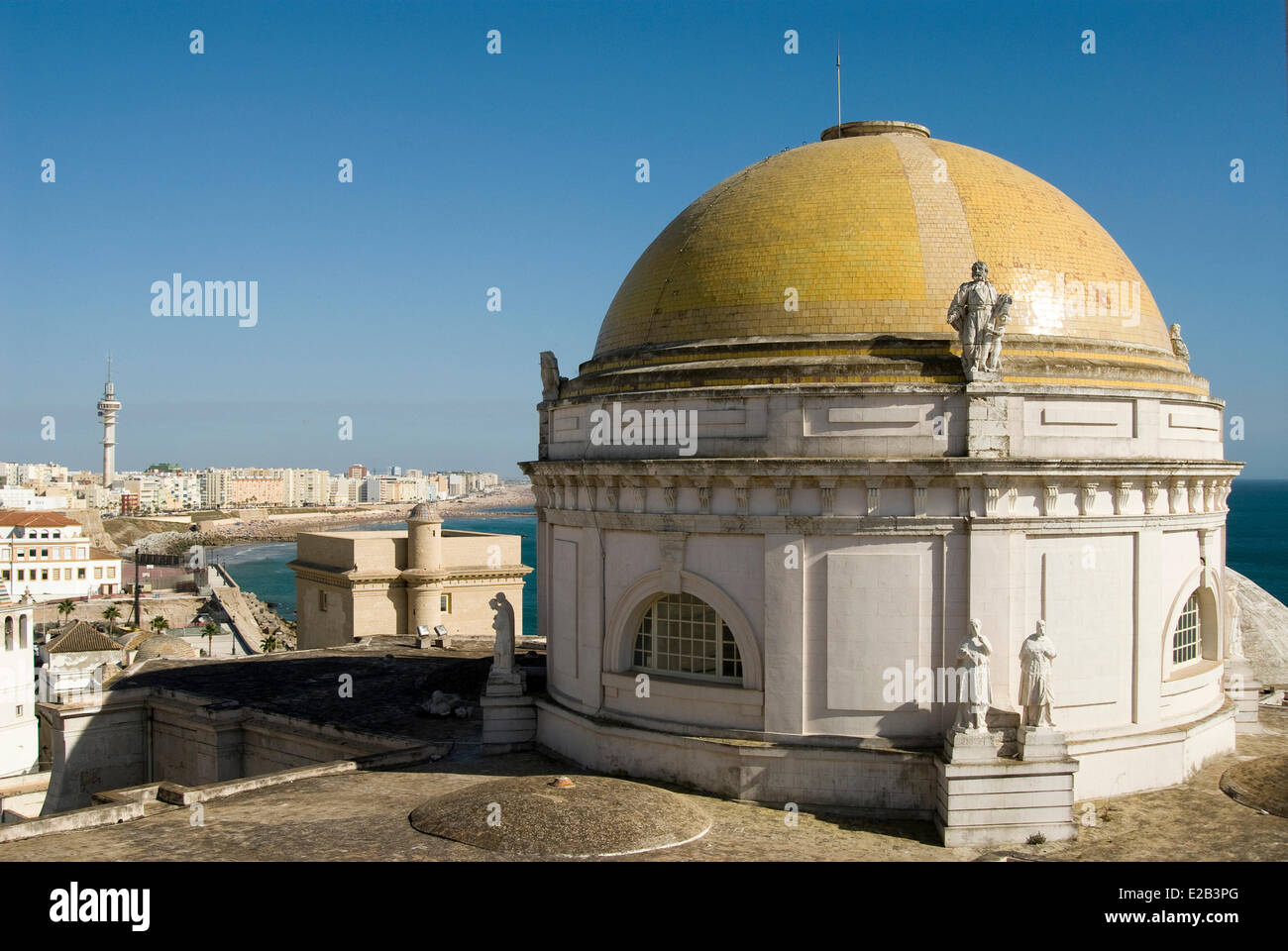 Spain, Andalucia, Cadiz, Dome Cathedral, overlooking the waterfront of the city and the Atlantic Ocean Stock Photo