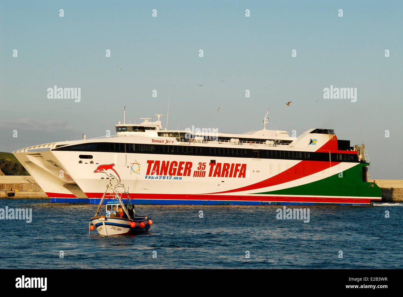 Spain, Andalucia, Costa de la Luz, Tarifa, Ferry Tarifa Tanger Jet II connects to Tangier in Morocco in 35 minutes, small Stock Photo