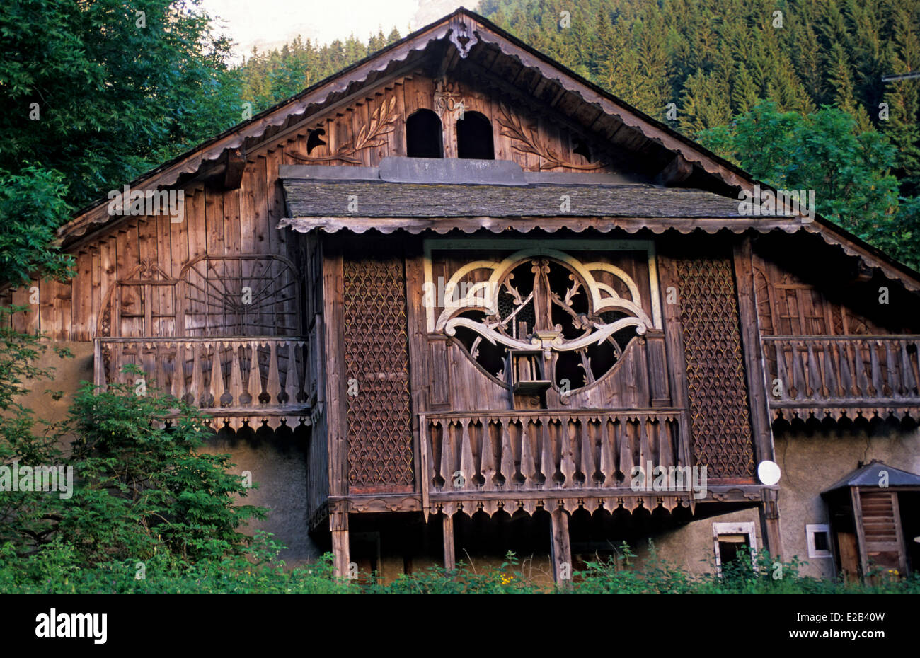 France, Haute Savoie, Mont Blanc Massif, Saint Gervais les Bains, Bionnassay, typical chalet in carved wood Stock Photo