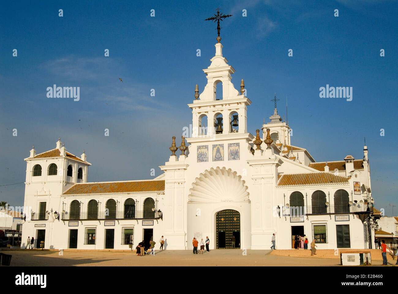 Spain, Andalucia, El Rocio, Donana National Park, listed as World Heritage by UNESCO, church at sunset Stock Photo