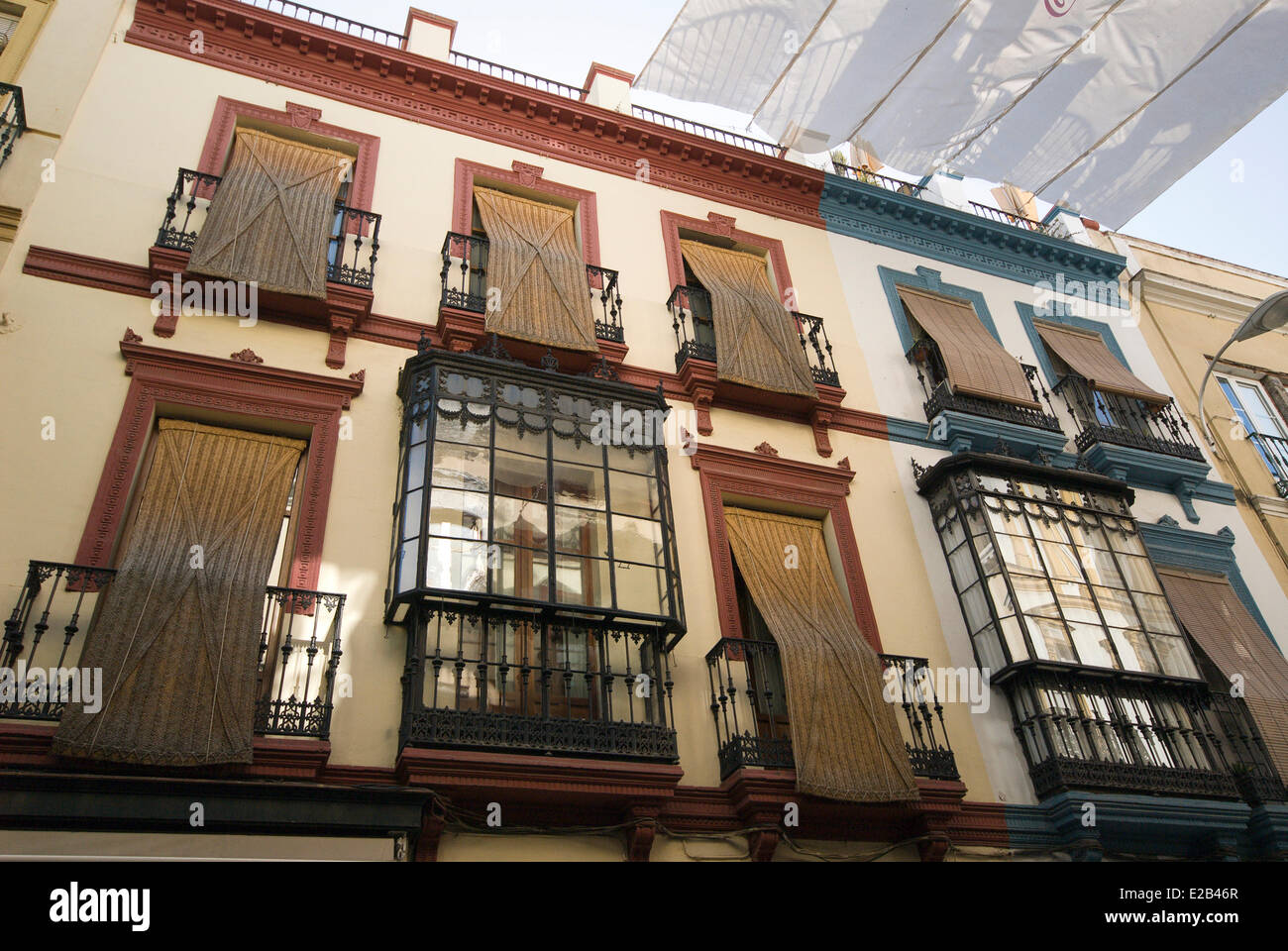 Spain, Andalucia, Seville, wrought iron balconies and awnings Alfa Stock Photo