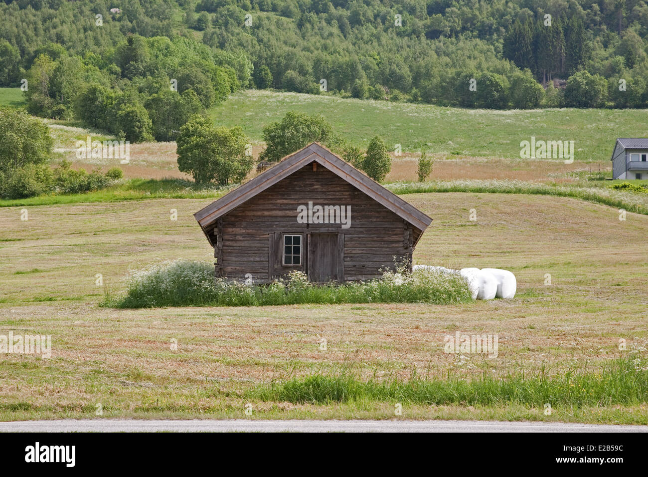 A small traditional wooden Norwegain house in Olden Norway Stock Photo