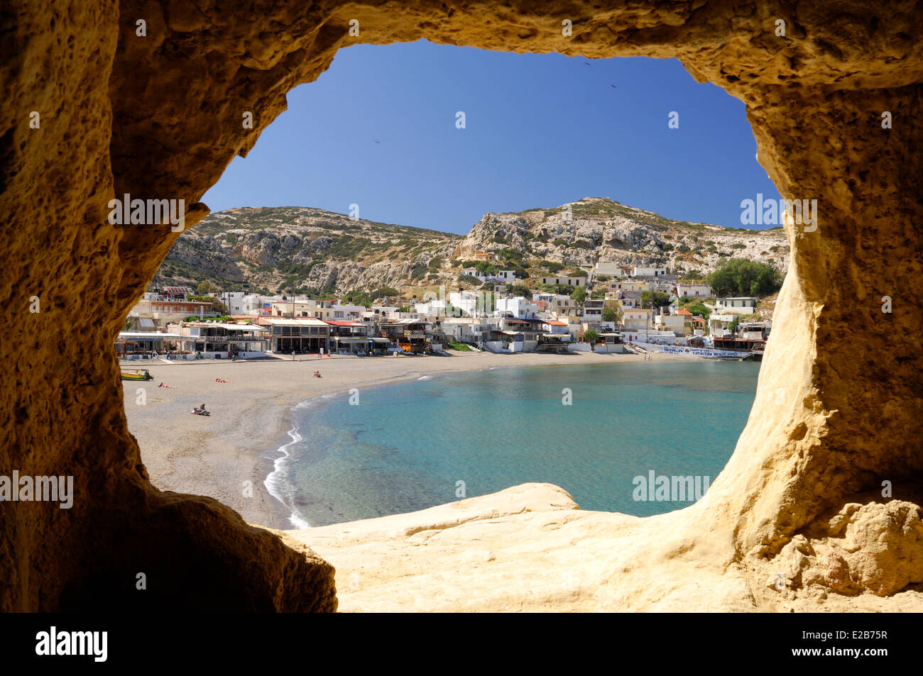 Greece, Crete, Matala, beach view from a Neolithic caves nestled in the cliff Stock Photo