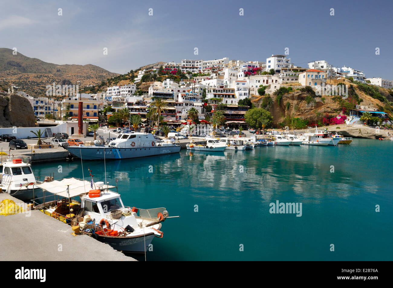 Greece, Crete, Agia Galini, village on the hill seen from the harbor Stock Photo