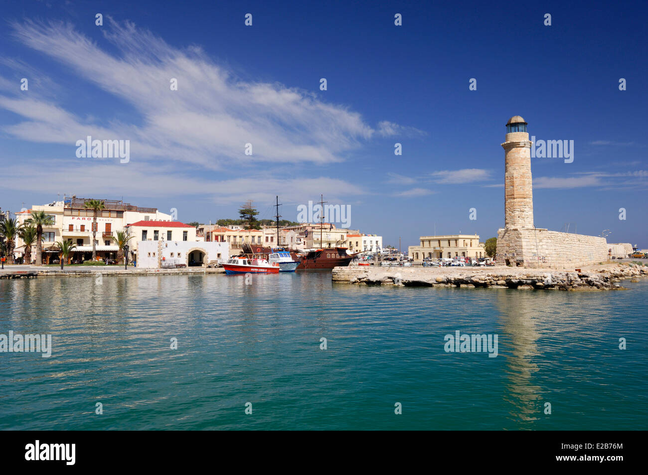 Greece, Crete, Rethymnon, overview of the venetian harbor and the lighthouse Stock Photo