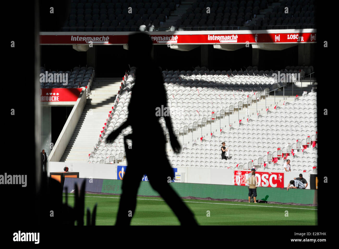 France, Nord, Villeneuve d'Ascq, Grand Stade Lille Metropole designed by architect Pierre Ferret, shadow passing the bleachers Stock Photo