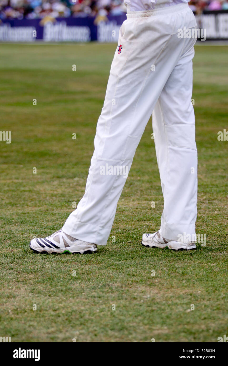 Male cricketer in white cricket trousers Stock Photo