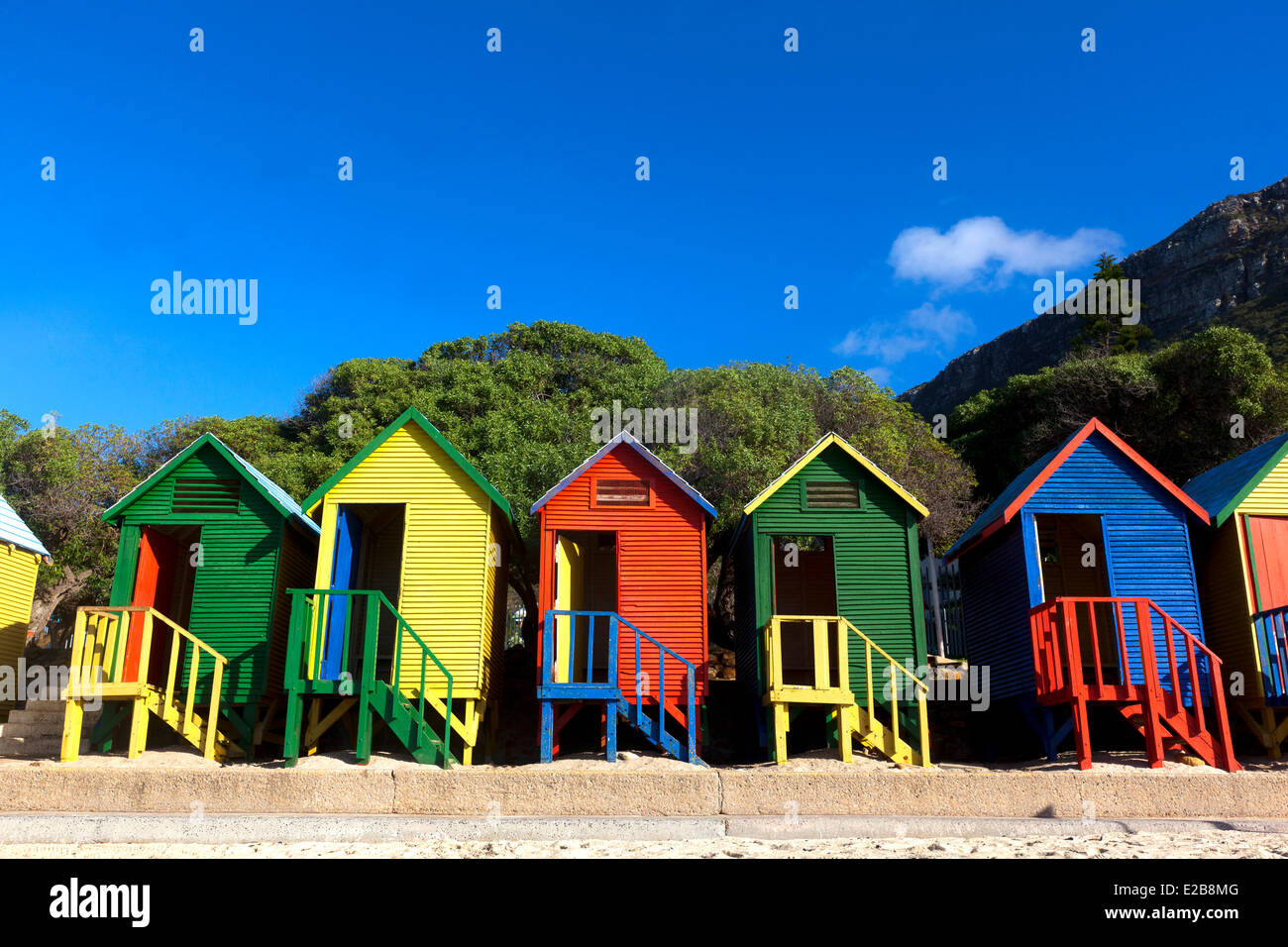 South Africa, Western Cape, Cape Peninsula, False Bay, Muizenberg, St James beach cabins Stock Photo