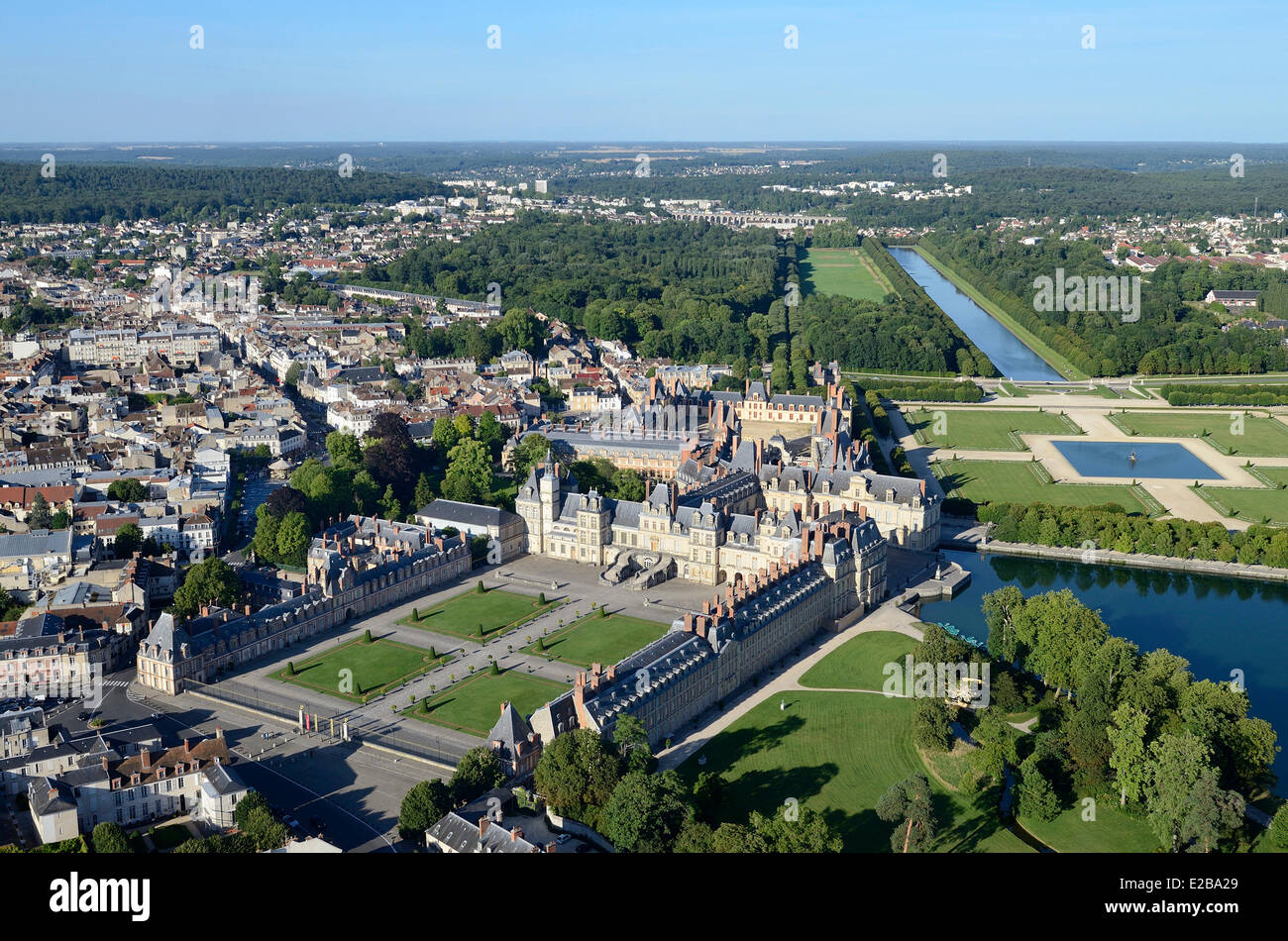France, Seine et Marne, Fontainebleau, royal castle listed as World Heritage by UNESCO, gardens by Le Notre (aerial view) Stock Photo