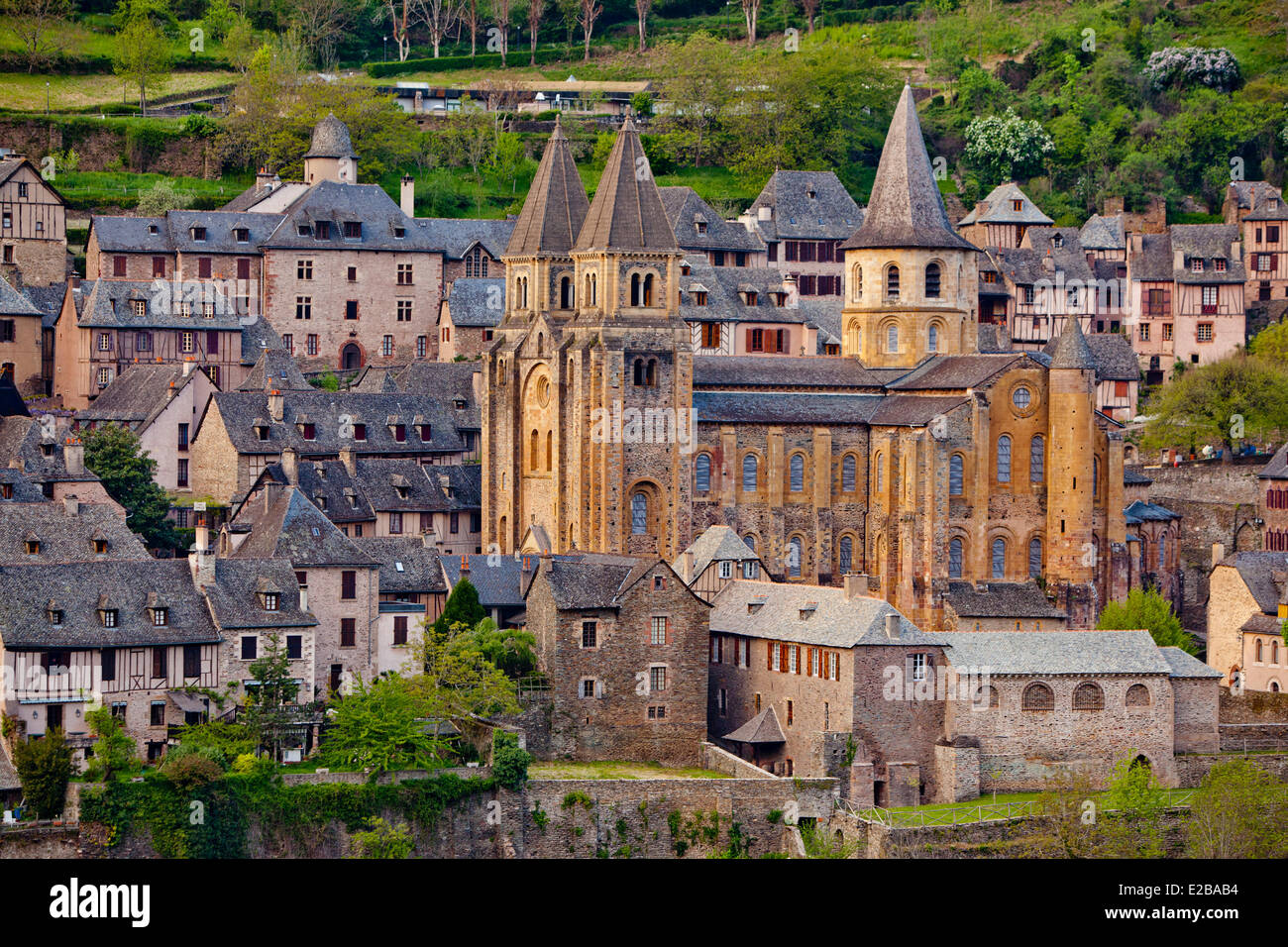 France, Aveyron, Conques, labeled Les Plus Beaux Villages de France (The Most Beautiful Villages of France), stop on El Camino de Santiago, 11th and 12th century Sainte Foy abbey, listed as World Heritage by UNESCO, a masterpiece of Romanesque art Stock Photo