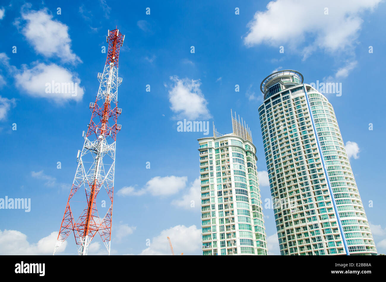 communication antennas, radio telephone mobile phone antennas on blue