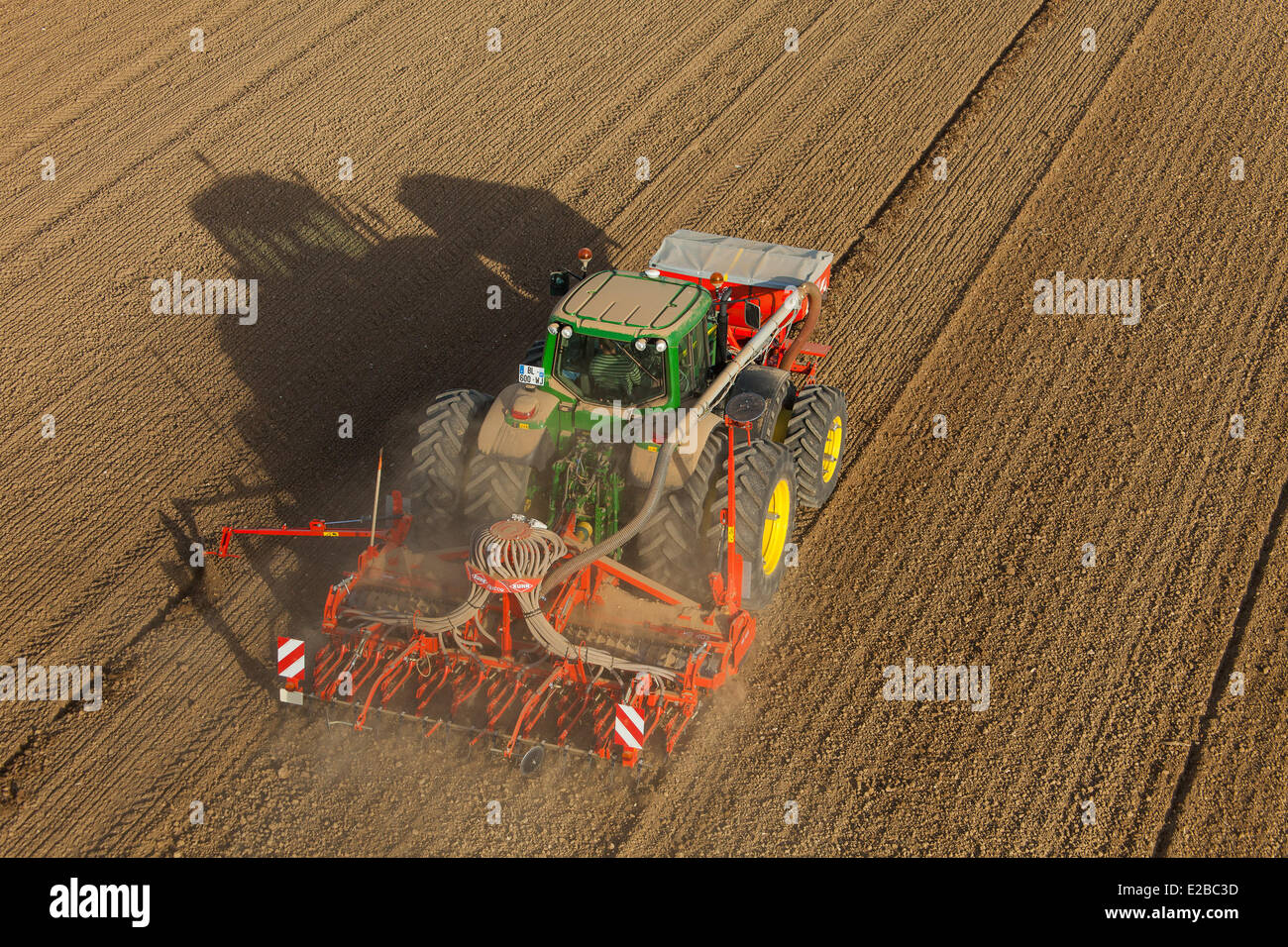 France, Loir et Cher, Tourailles, agricultural work, air seeder (aerial view) Stock Photo