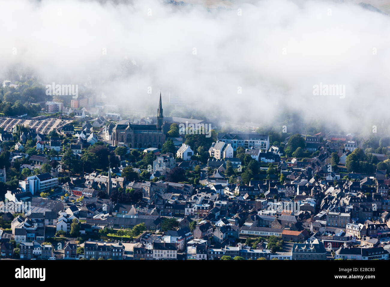 France, Cotes d'Armor, Paimpol, sea mist over the city (aerial view) Stock Photo