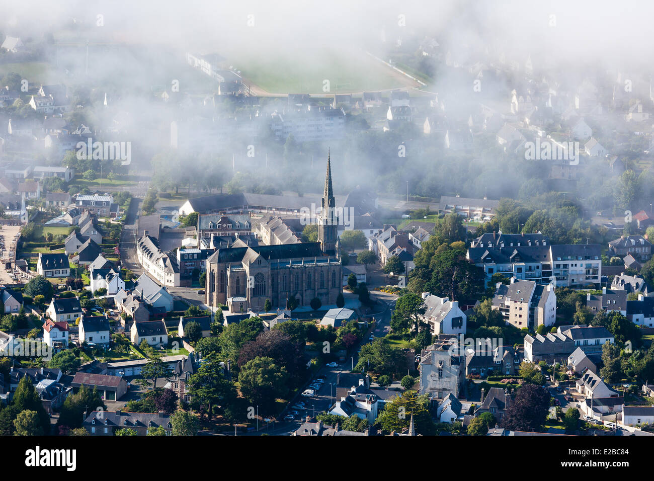 France, Cotes d'Armor, Paimpol, sea mist over the city (aerial view) Stock Photo