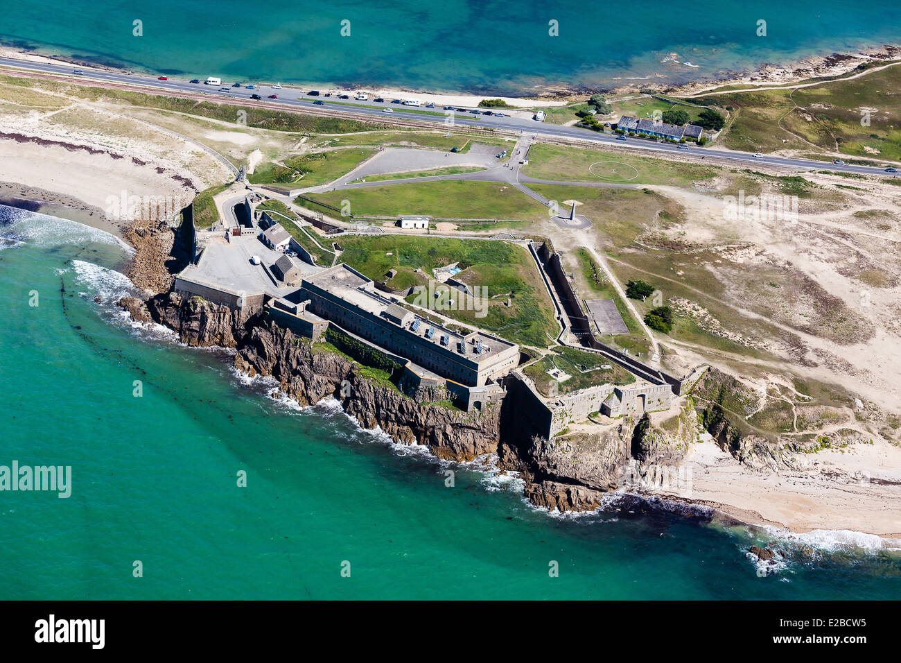 France, Morbihan, Quiberon, Cote Sauvage (the Wild Coast), the Penthievre fort (aerial view) Stock Photo