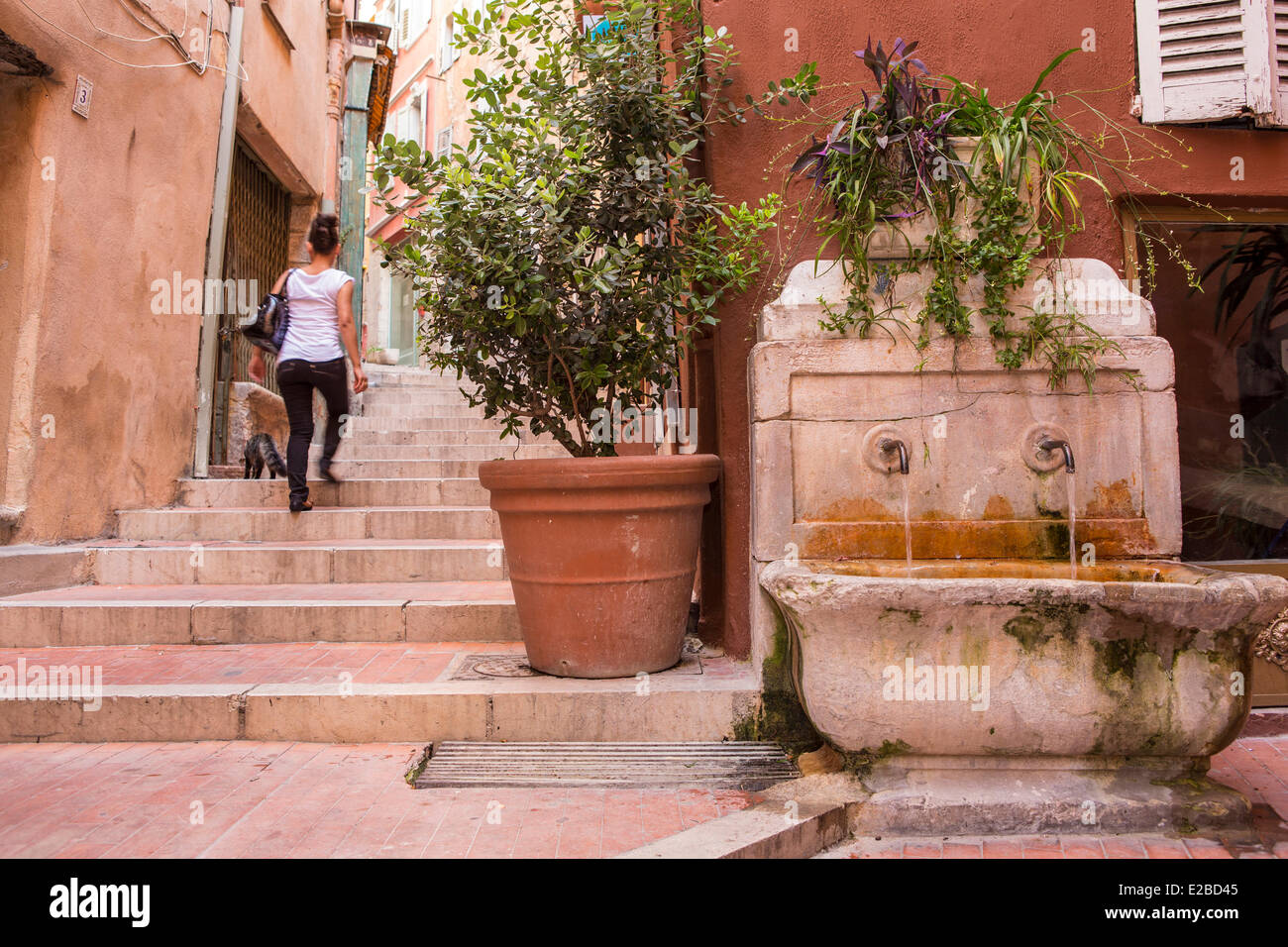 France, Alpes Maritimes, Grasse, fountain pedestrian street in the old town Stock Photo