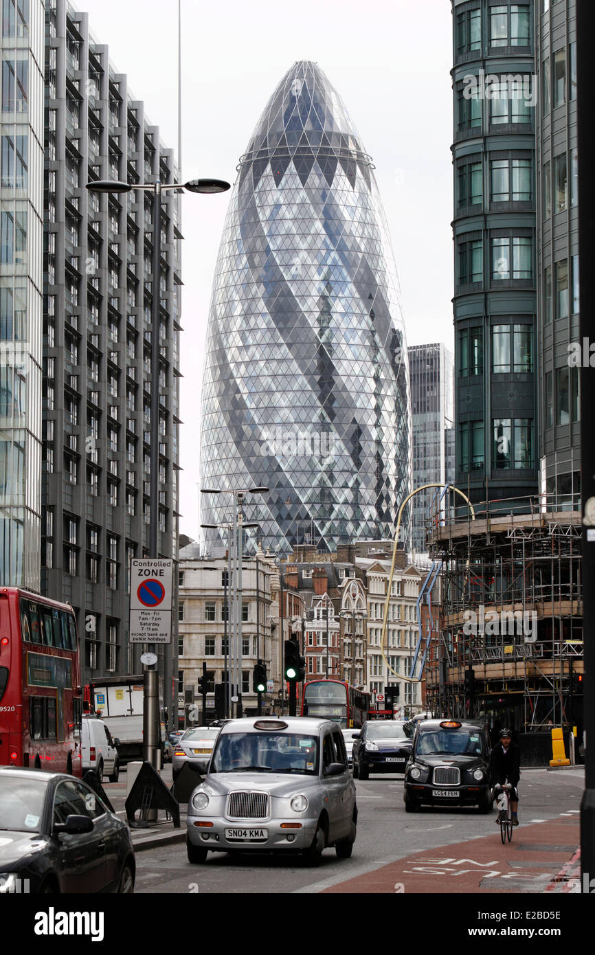 United Kingdom, London, Swiss Re Building nicknamed The Gherkin of the architect Norman Foster Stock Photo