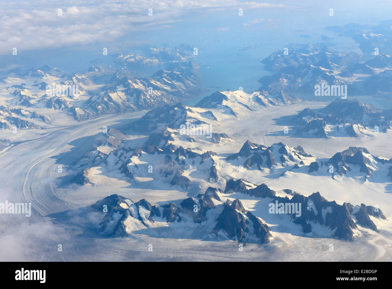 Greenland, Sermersooq, Tasilaq area, Glaciar and snow mountains from the air (aerial view) Stock Photo