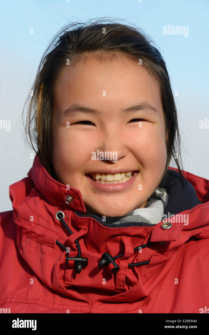 Greenland, Upernavik, Cheerful Inuit girl Stock Photo