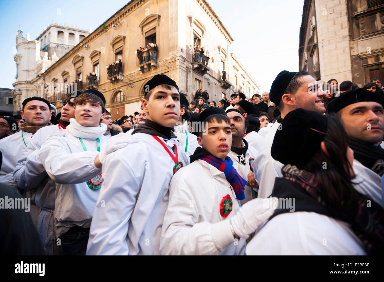 Italy, Sicily, Catania, listed as World Heritage by UNESCO, Sant'Agata festivity, young devotees Stock Photo