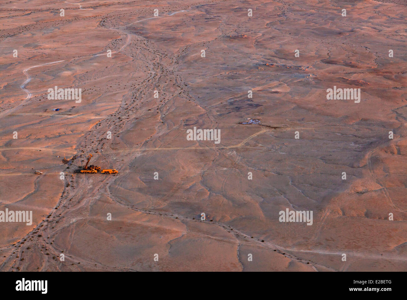 Namibia, Erongo Region, drilling for uranium exploration near Sawakopmund three uranium mines : Trekkopje mine for Areva, formerly Uramin, Rossing and Langer Heinrich (aerial view) Stock Photo