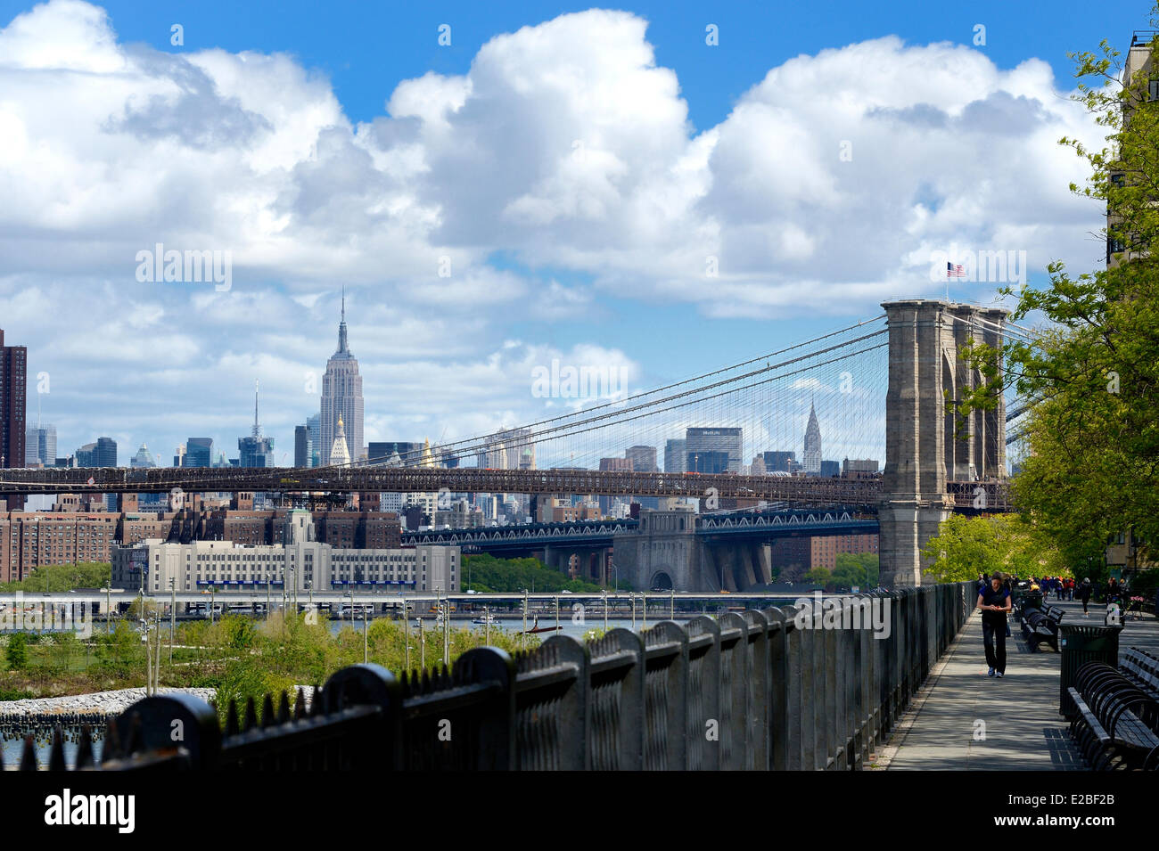 United States, New York City, Downtown Manhattan from the Promenade in Brooklyn and the Brooklyn Bridge in the background Stock Photo