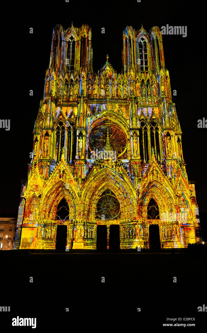 France, Marne, Reims, Notre Dame Cathedral listed as World Heritage by  UNESCO, sound and light show Dreams of colors created by Stock Photo - Alamy