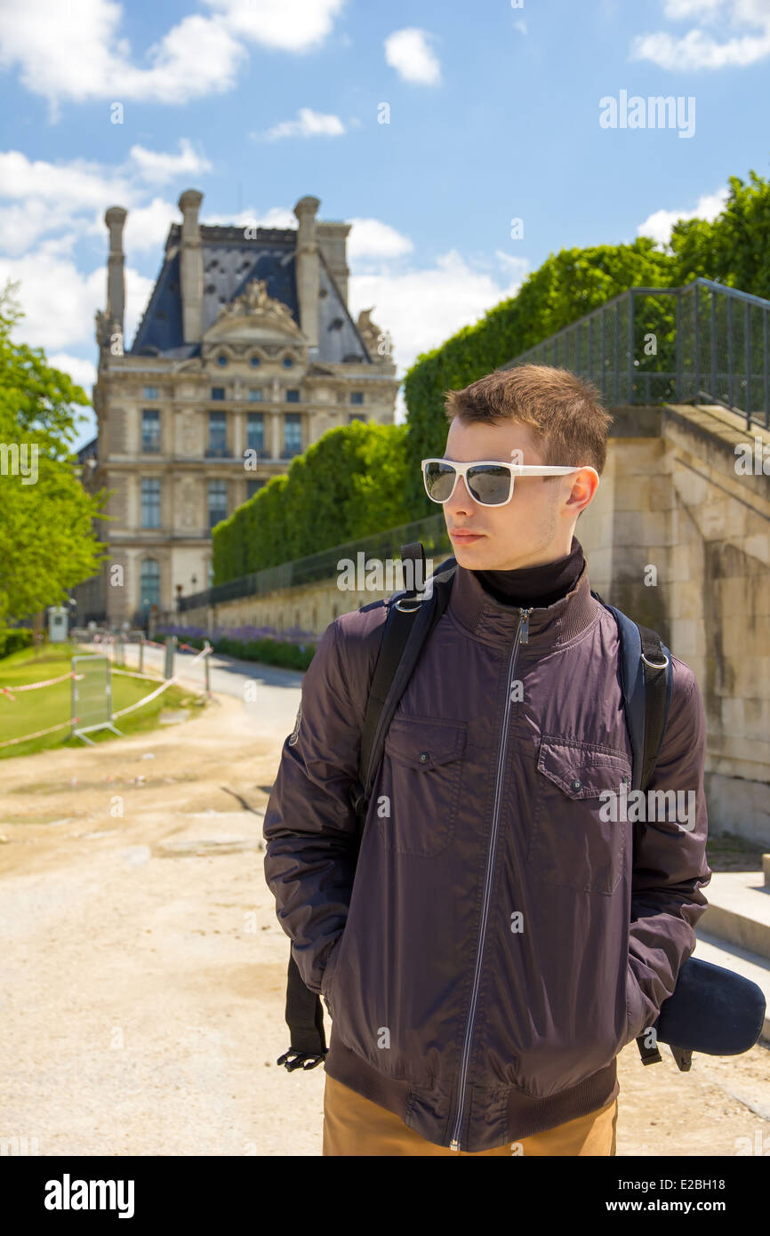 Modern young man traveler in Paris, France Stock Photo