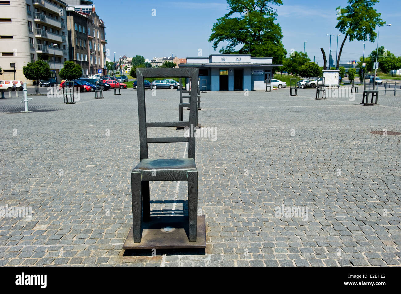 Poland, Krakow, Ghetto, Holocaust memorial sculptures of empty chairs