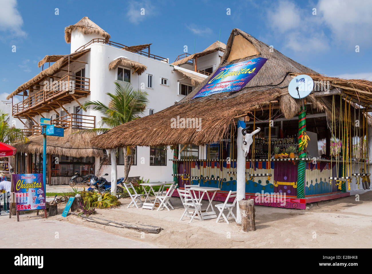 Beachside shops and stores in the village of Mahahual, Mexico Stock