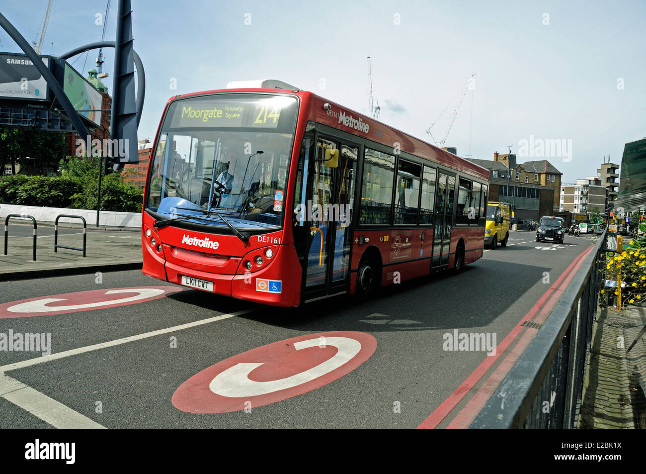 Low decker bus entering congestion charge zone, Old Street Roundabout, London Borough of Islington, Engand UK Stock Photo