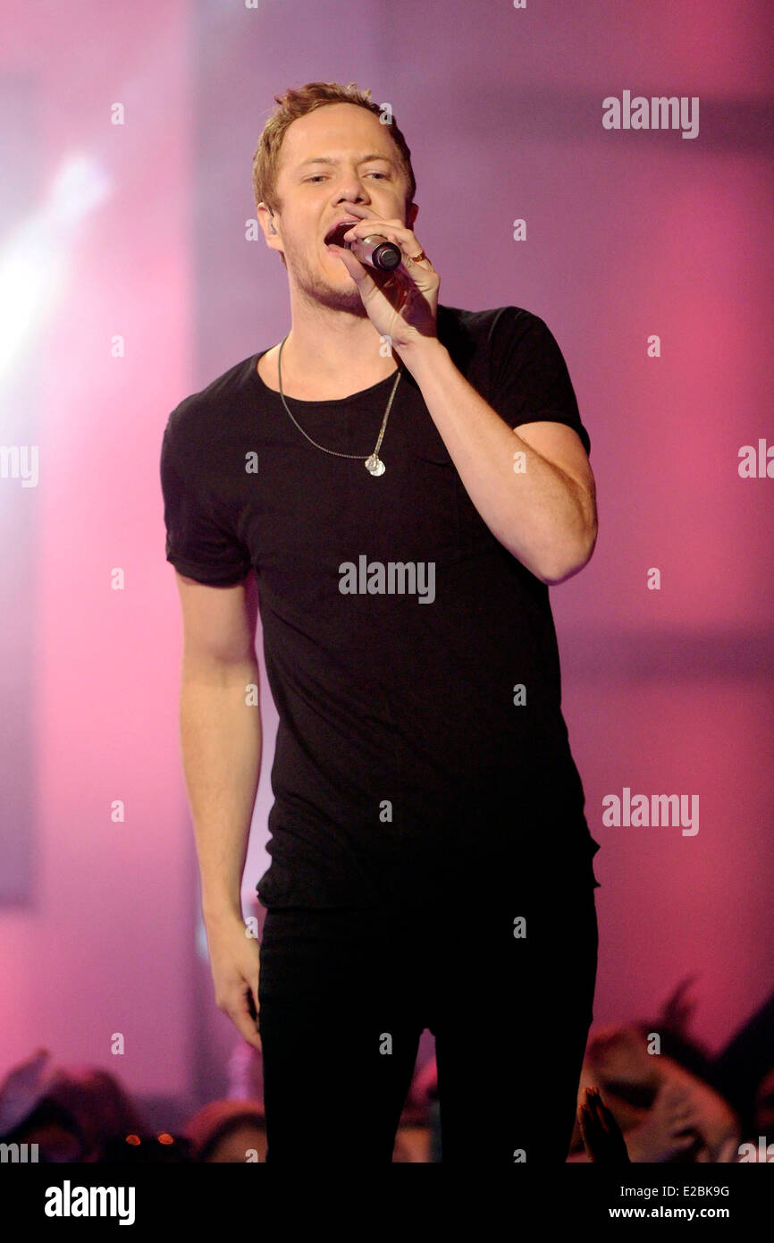 Imagine Dragons lead singer Dan Reynolds performs at the 2014 MuchMusic Video Awards (MMVA). Stock Photo