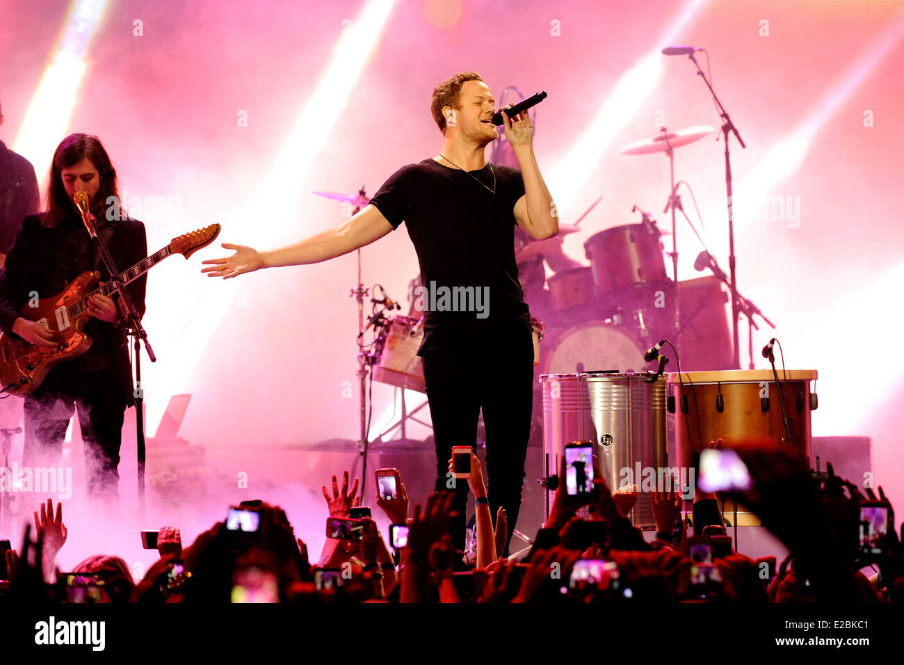 Imagine Dragons with lead singer Dan Reynolds performs at the 2014 MuchMusic Video Awards (MMVA). Stock Photo