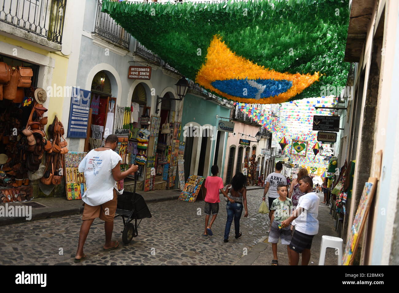 A Brazilian flag decorate a street in Salvador Brazil, 18 June 2014. The FIFA World Cup will take place in Brazil from 12 June to 13 July 2014. Photo: Marius Becker/dpa Stock Photo