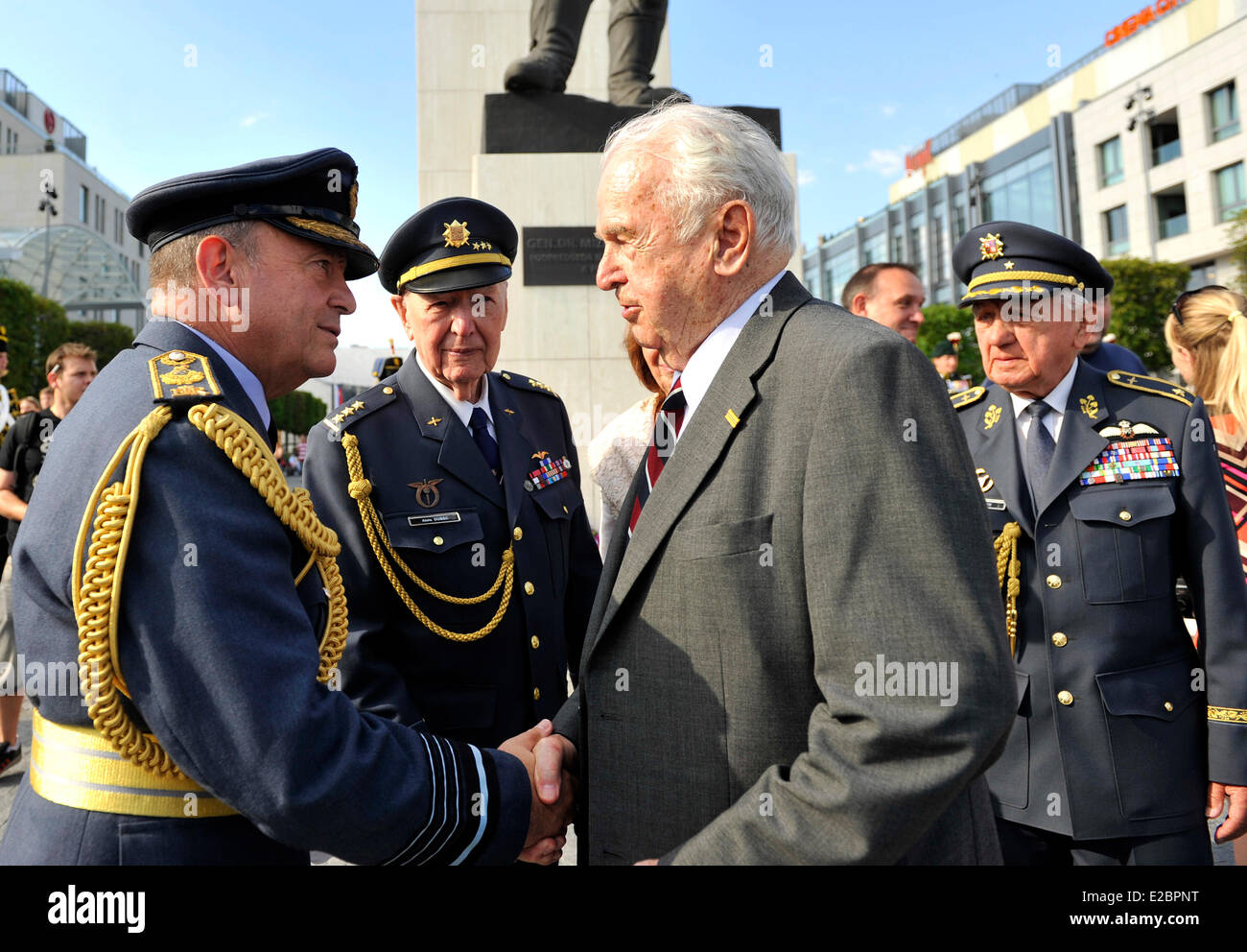 Bratislava, Slovakia. 18th June, 2014. From left: Air Chief Marshal Sir Stuart William Peach and war veterans: Alois Dubec, Milan Pika, Emil Bocek revealed memorial plaque dedicated to the Czechoslovak pilots who fought for RAF during WW2 in Bratislava, Slovakia on June 18, 2014. Credit:  Jan Koller/CTK/Alamy Live News Stock Photo