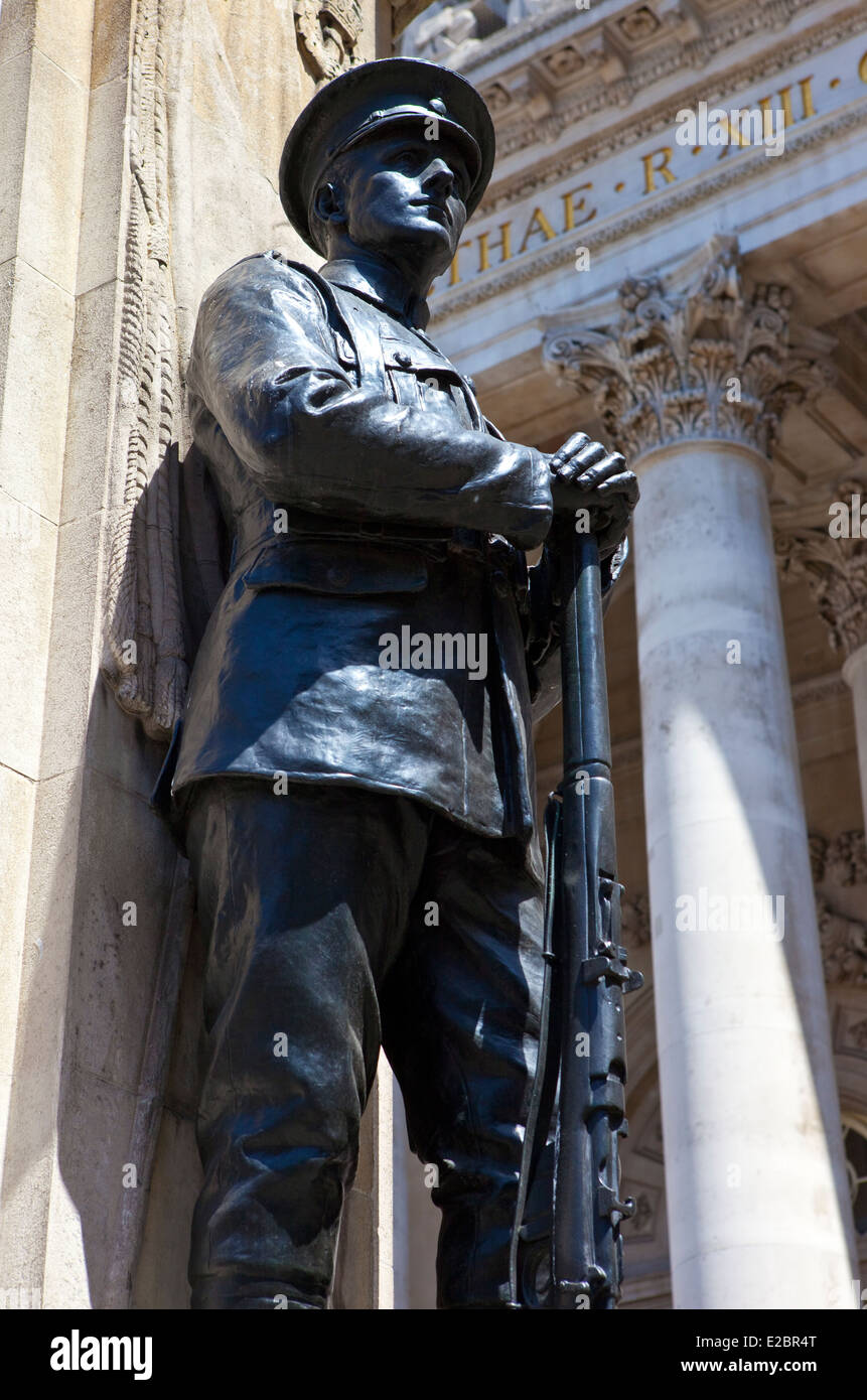 A statue on the City of London War Memorial situated outside the Royal Exchange in London. Stock Photo