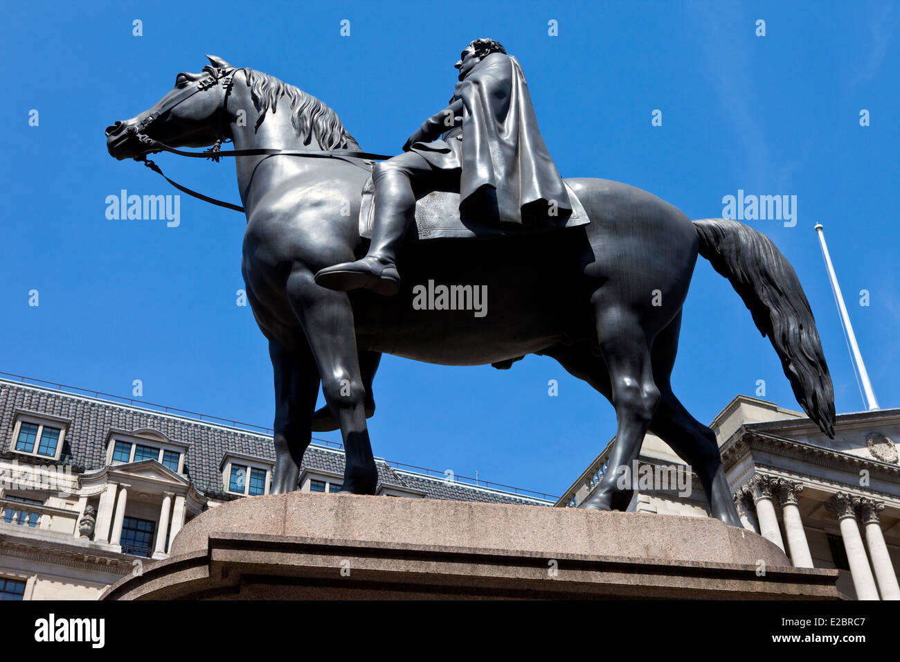 The Duke of Wellington statue situated outside the Bank of England in London. Stock Photo